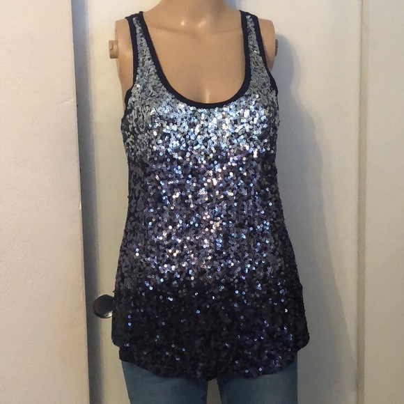 Express Tops - Express Navy Blue Sequin Tank Top Size Small